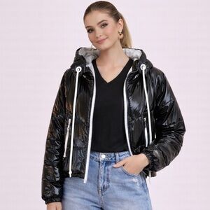 IBIZE Black High-Shine Puffer Jacket with Hood | Zip Front~ Fits- Small-Medium